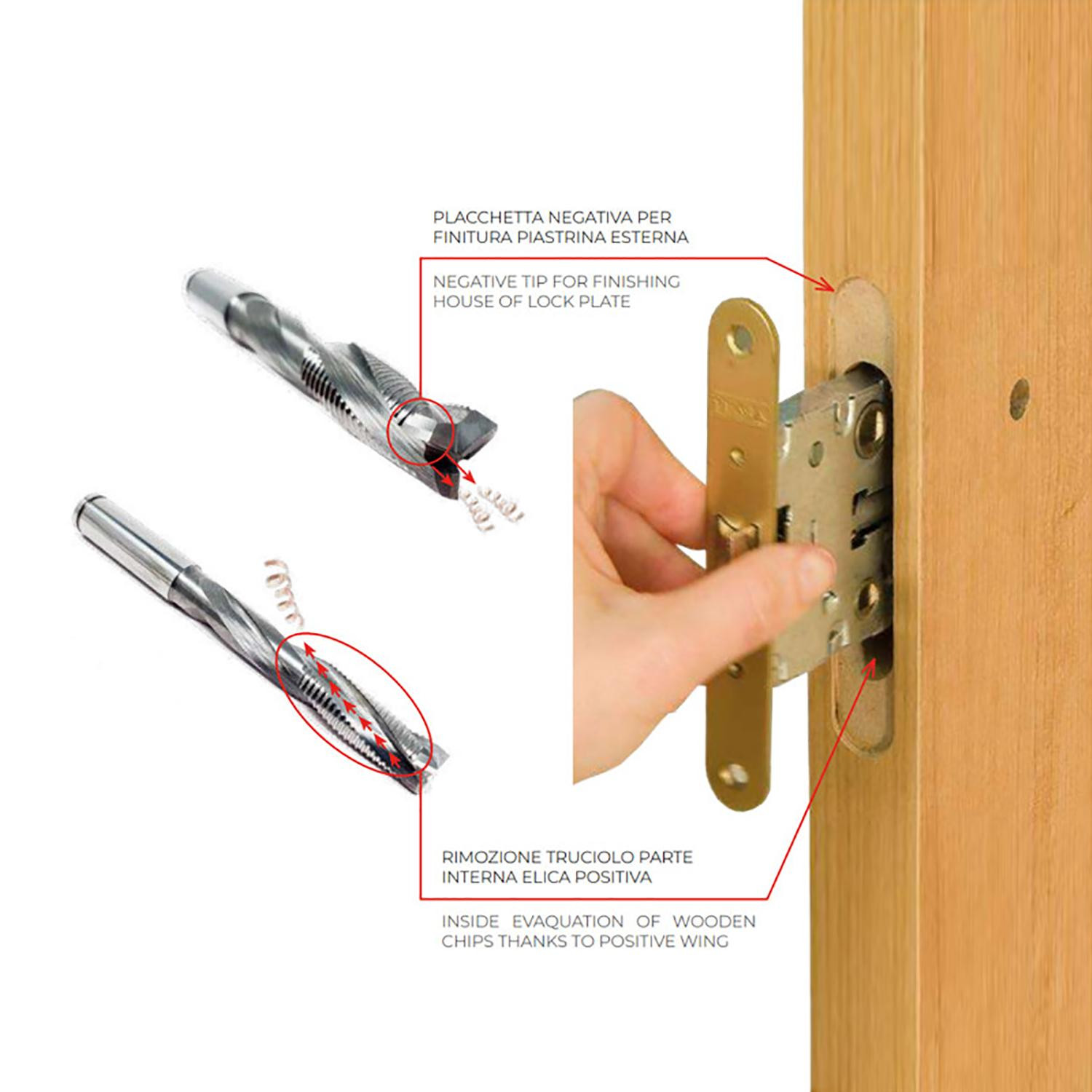 Fresa elicoidale per cave serrature di porte in HW positiva rompitruciolo Z3 con parte negativa di finitura Fresa elicoidale per cave serrature di porte in HW positiva rompitruciolo Z3 con parte negativa di finitura