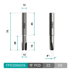 Fraise diamant PCD H 3,5mm Z2 coupes négatives corps HW