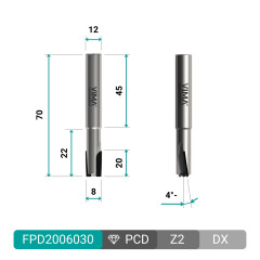 PCD diamantfrees H 3,5mm Z2 negatieve snijkanten HW lichaam