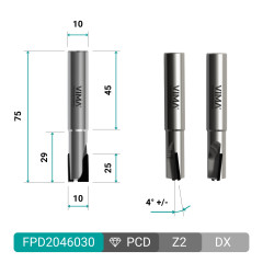 PCD-diamantfrees voor contourfrezen met afwisselend positieve/negatieve snijkant en HW-body